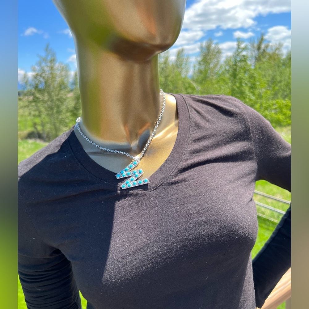 Alphabet Letter Name Initial Western Turquoise Faux Stone Silver Boho Necklace - Picture 7 of 11